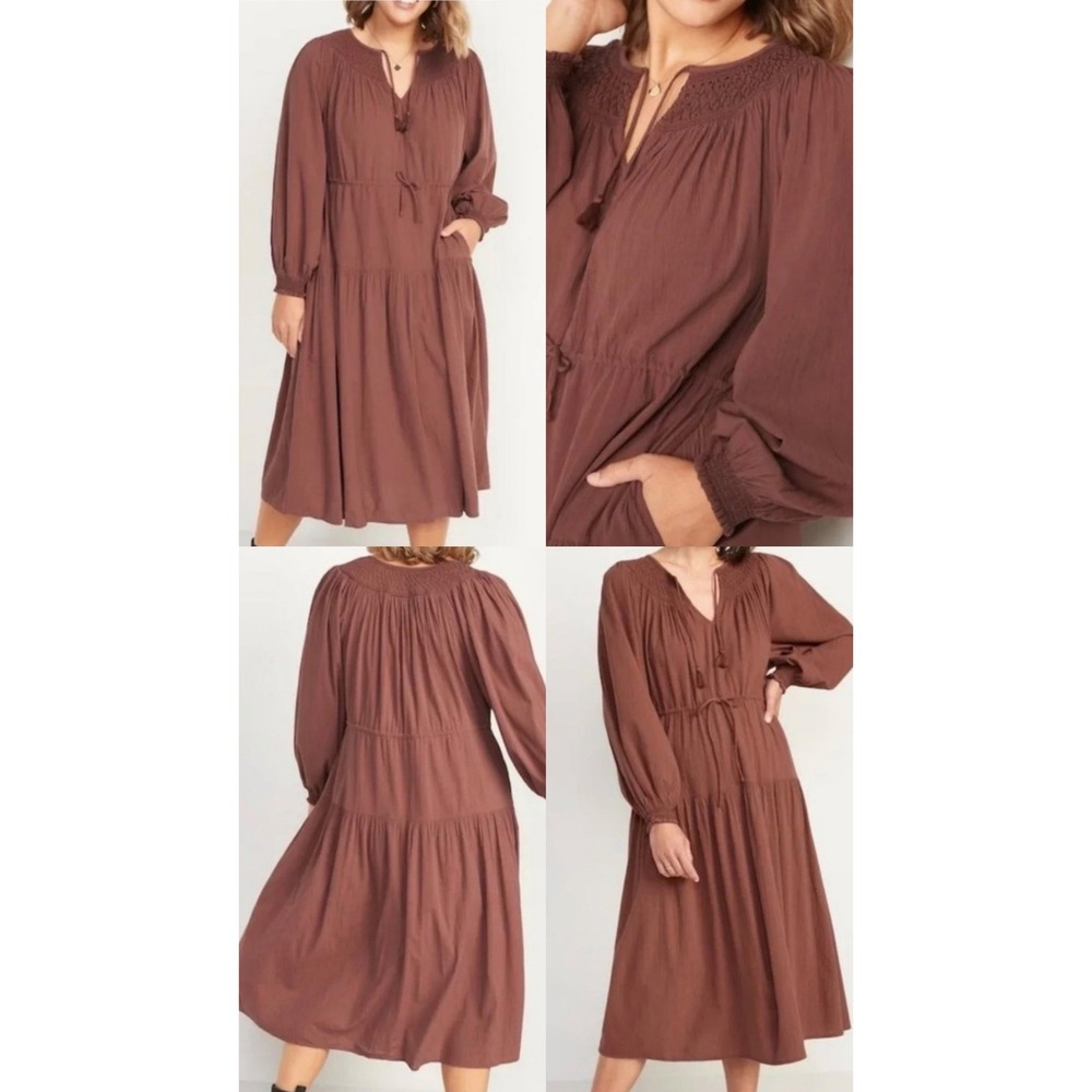 Old Navy Womens Brown Tiered Smocked Midi Dress Long Sleeve Tassel L